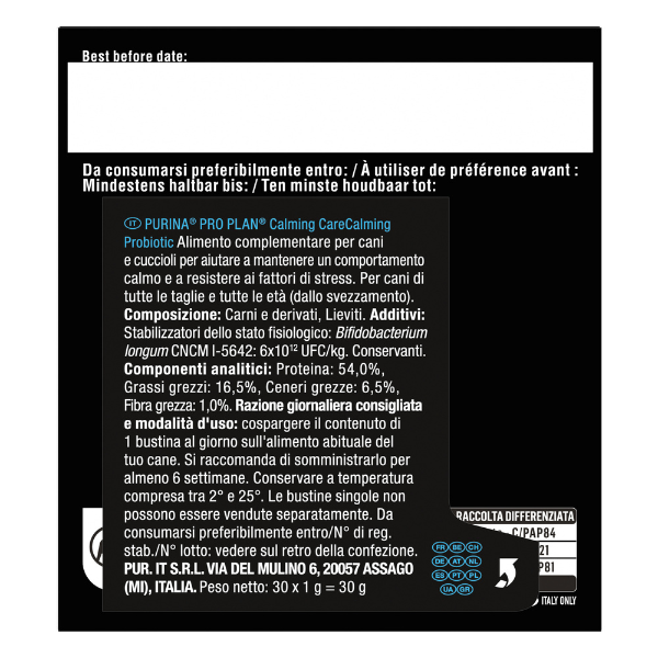 Purina Pro Plan Calming Care Canine Probiotic Supporto comportamentale in polvere per cani