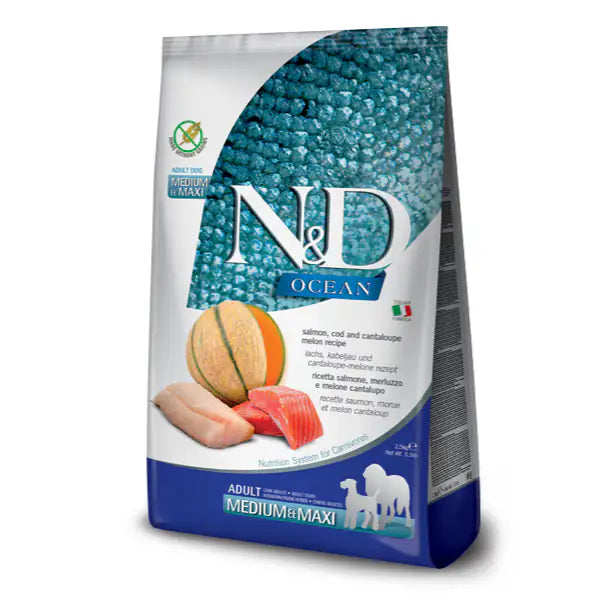 Farmina N&D Ocean Canine Adult Medium/Maxi Salmone, Merluzzo e melone cantalupo  12 kg bauzaarit.myshopify.com