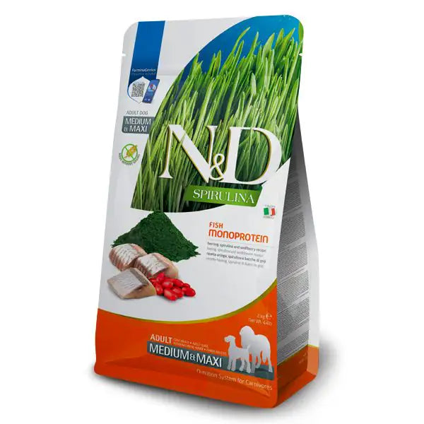 Farmina N&D Spirulina Grain Free Adult Medium-Maxi Aringa, spirulina e bacche di goji   bauzaarit.myshopify.com