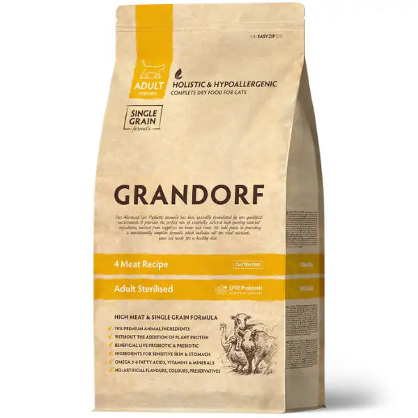 Grandorf Cat Sterilised Hypoallergenic multiproteico 4 carni  2 Kg bauzaarit.myshopify.com