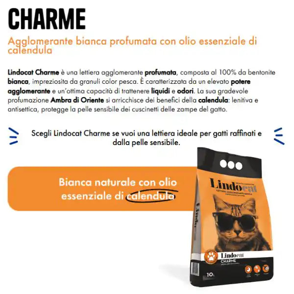 Lindocat Charme lettiera agglomerante in bentonite bianca profumata   bauzaarit.myshopify.com