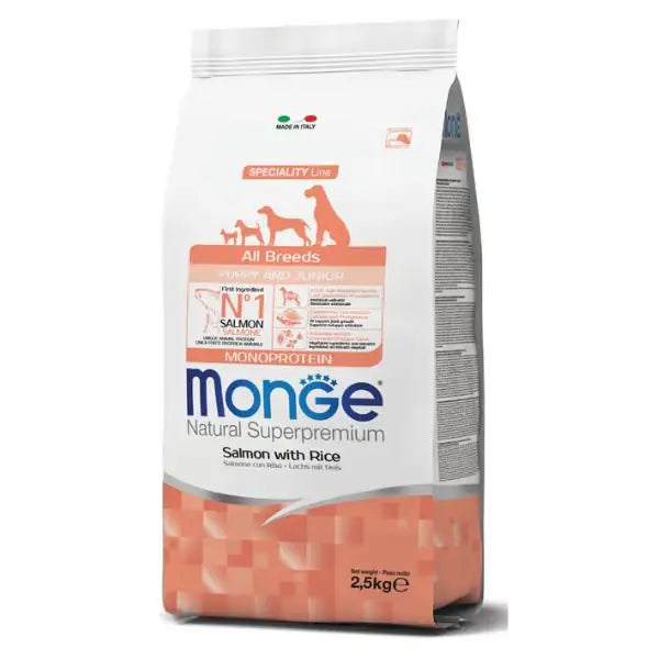 Monge Natural Superpremium All Breeds Puppy & Junior Monoprotein Salmone con Riso   bauzaarit.myshopify.com