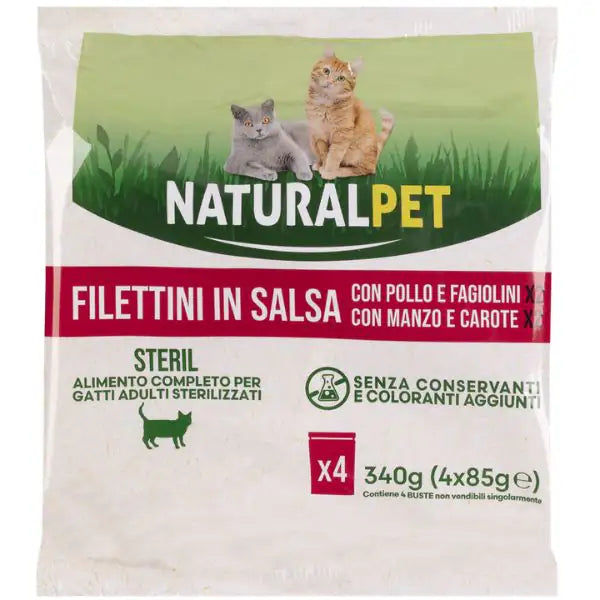 NaturalPet Cat Adult Sterilised Filettini in salsa multipack 4x85 gr  2x Pollo e fagiolini 2x Manzo e carote bauzaarit.myshopify.com