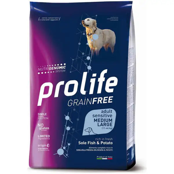 Prolife Grain Free Cane Adult Sensitive Medium/Large Sogliola e Patate  10 kg bauzaarit.myshopify.com