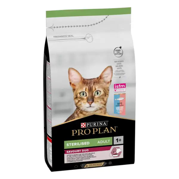 Purina Pro Plan Sterilised Adult 1+ Savoury Duo Ricco In Merluzzo E Trota   bauzaarit.myshopify.com