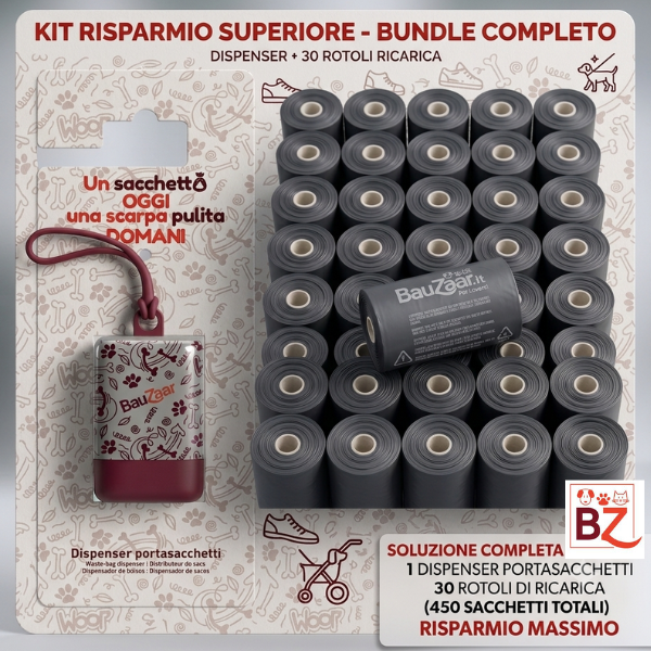 Bundle convenienza: Bauzaar Basics Sacchetti igienici per cani con dispenser